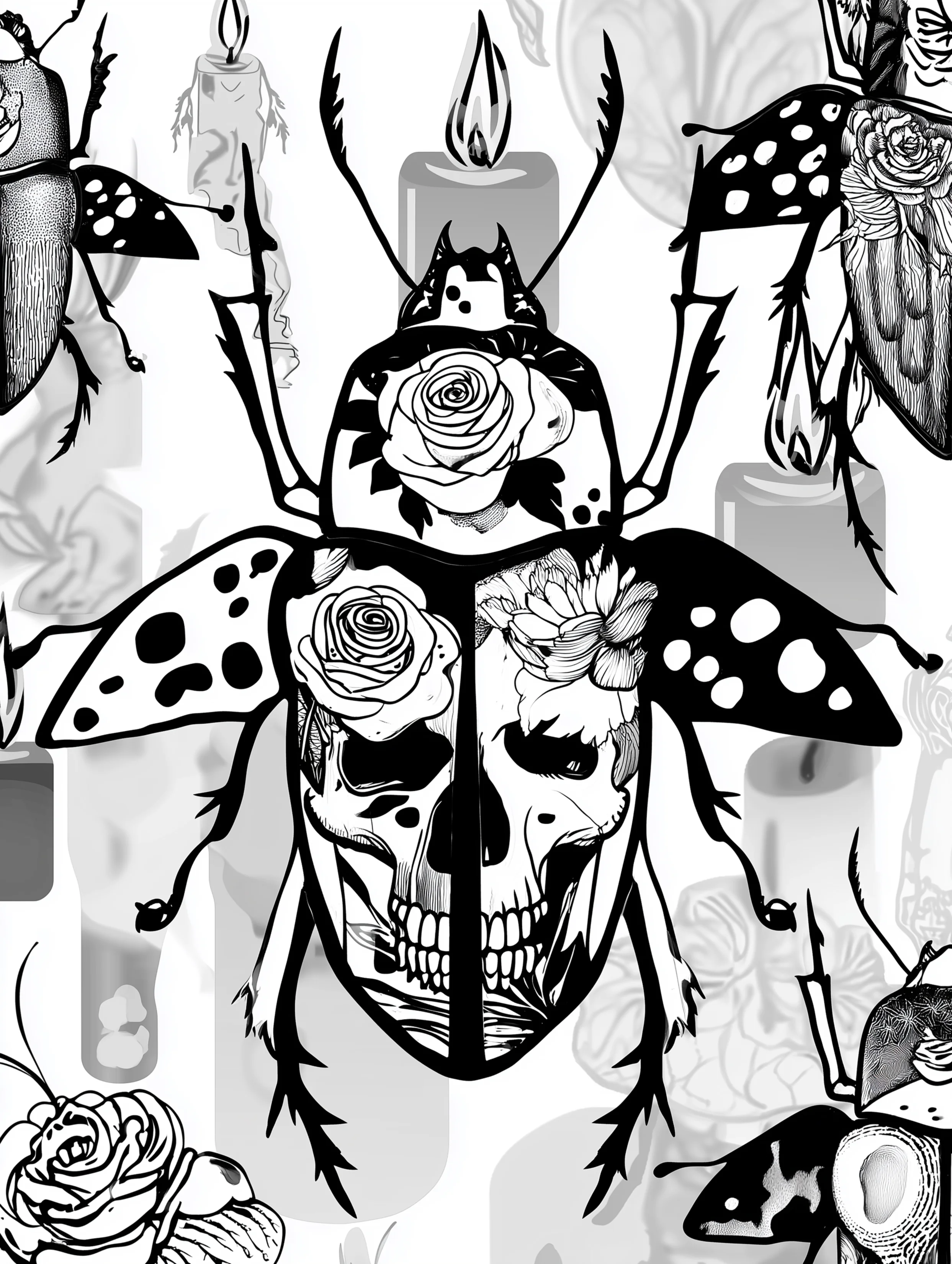 Free printable insect coloring page for adults featuring a beetle with a stylized face on its back